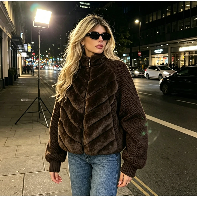 Fashion Faux Fur Knitted Coats Women's Full Sleeves Zipper Stand Collar Jackets 2026 New Ladies Autumn Winter Casual Outwear