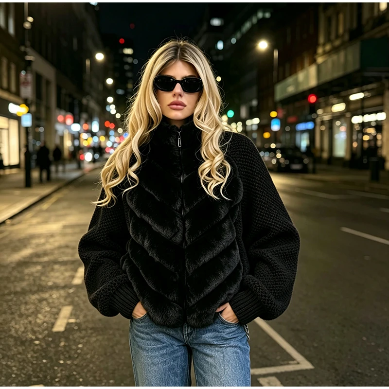 Fashion Faux Fur Knitted Coats Women's Full Sleeves Zipper Stand Collar Jackets 2026 New Ladies Autumn Winter Casual Outwear