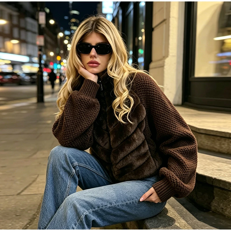 Fashion Faux Fur Knitted Coats Women's Full Sleeves Zipper Stand Collar Jackets 2026 New Ladies Autumn Winter Casual Outwear