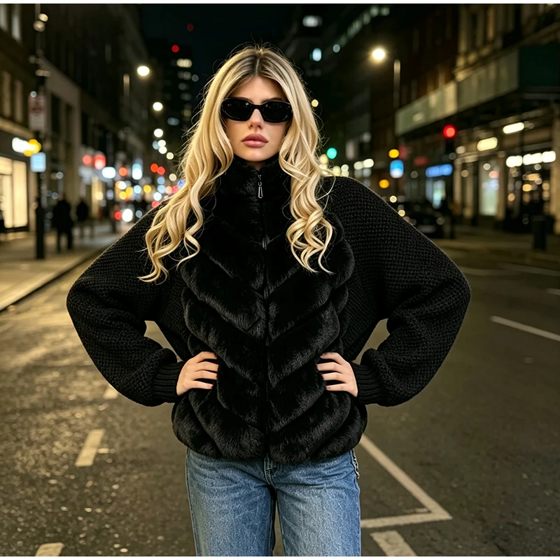 Fashion Faux Fur Knitted Coats Women's Full Sleeves Zipper Stand Collar Jackets 2026 New Ladies Autumn Winter Casual Outwear
