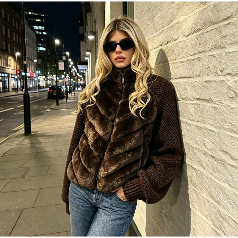 Fashion Faux Fur Knitted Coats Women's Full Sleeves Zipper Stand Collar Jackets 2026 New Ladies Autumn Winter Casual Outwear