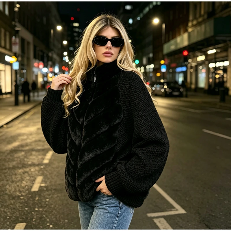 Fashion Faux Fur Knitted Coats Women's Full Sleeves Zipper Stand Collar Jackets 2026 New Ladies Autumn Winter Casual Outwear