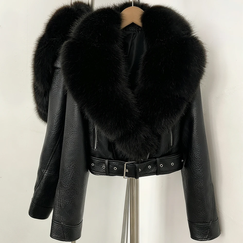 DEBAIOR Women Cropped Faux Leather Jacket with Faux Fur Collar Luxury Winter Warm Biker Coat Female New Belted Short Outerwear