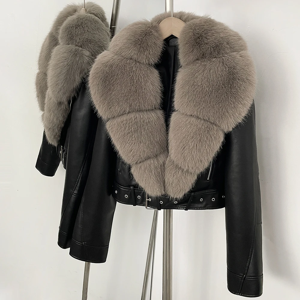 DEBAIOR Women Cropped Faux Leather Jacket with Faux Fur Collar Luxury Winter Warm Biker Coat Female New Belted Short Outerwear