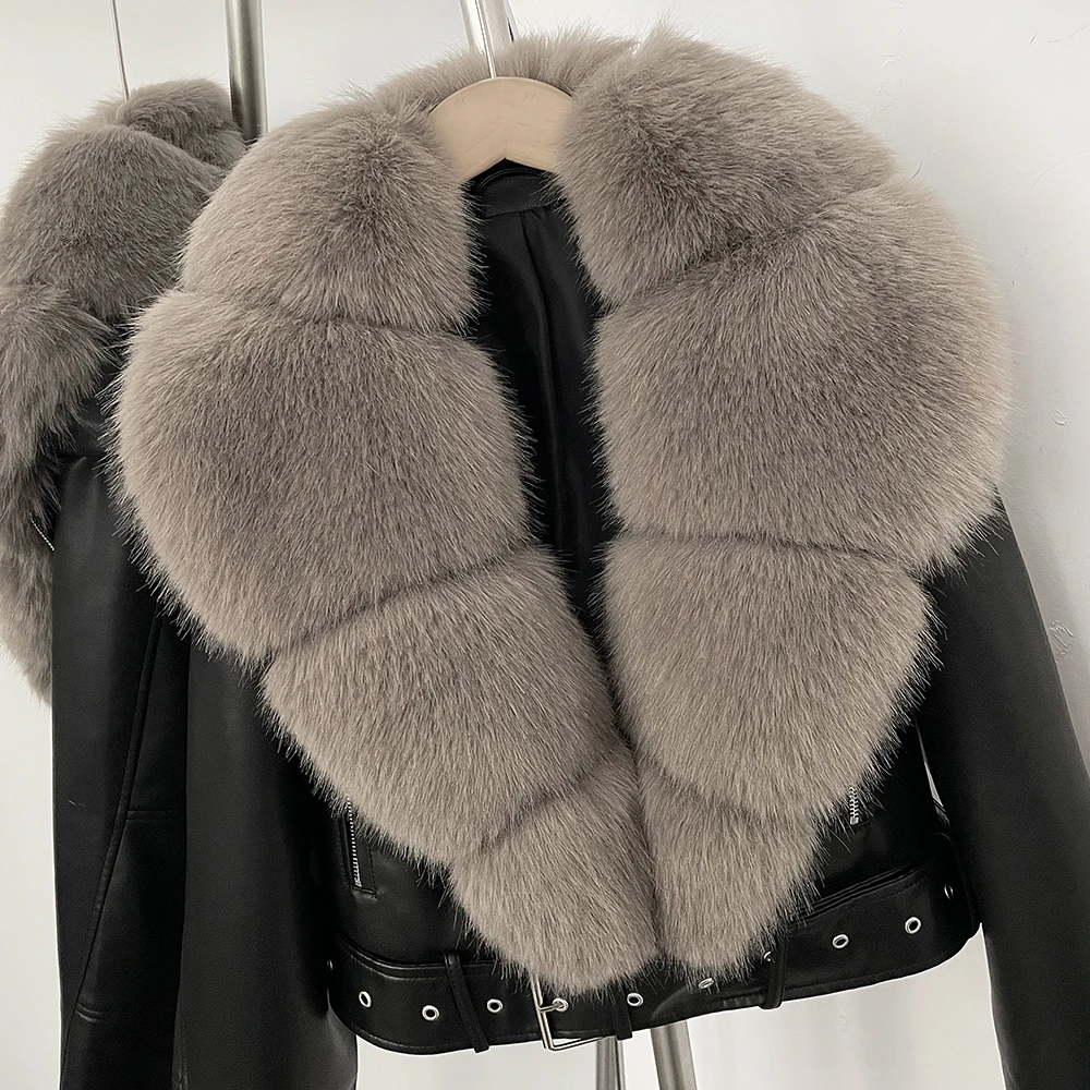 DEBAIOR Women Cropped Faux Leather Jacket with Faux Fur Collar Luxury Winter Warm Biker Coat Female New Belted Short Outerwear