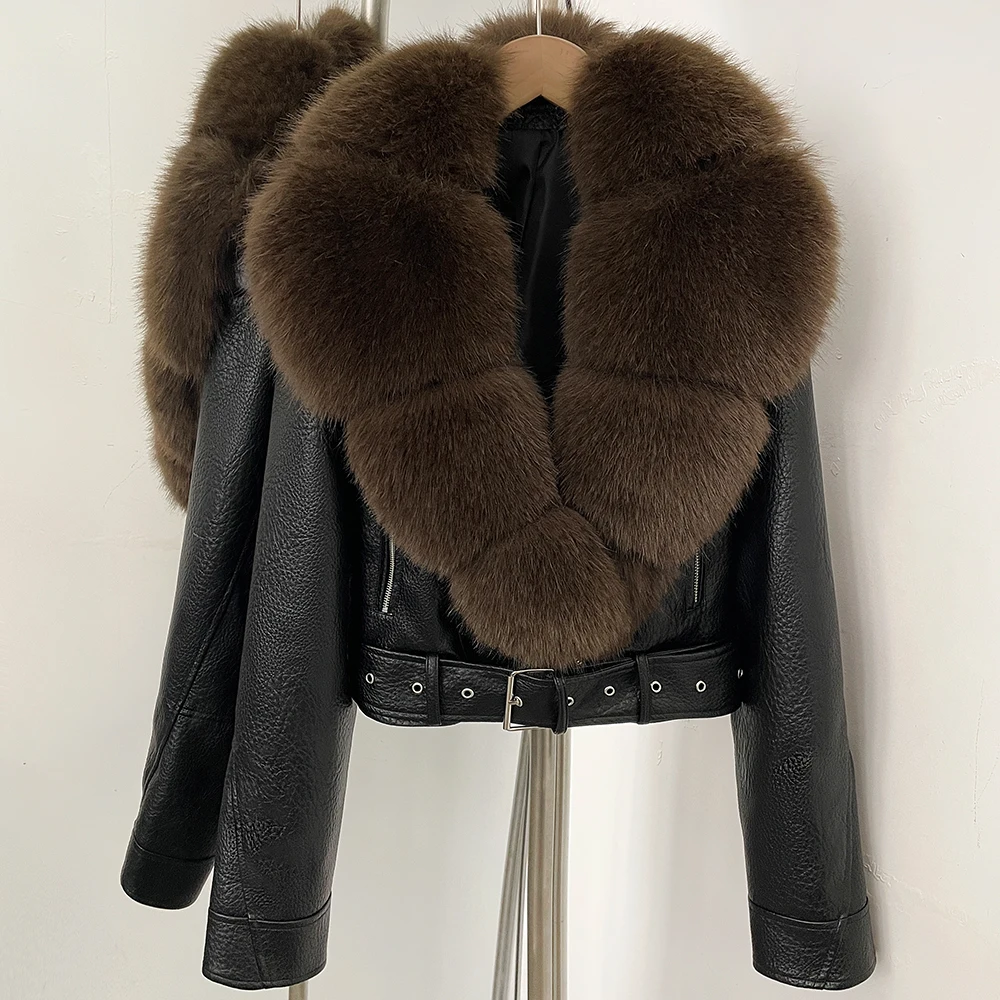 DEBAIOR Women Cropped Faux Leather Jacket with Faux Fur Collar Luxury Winter Warm Biker Coat Female New Belted Short Outerwear