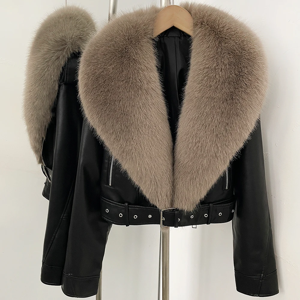 DEBAIOR Women Cropped Faux Leather Jacket with Faux Fur Collar Luxury Winter Warm Biker Coat Female New Belted Short Outerwear