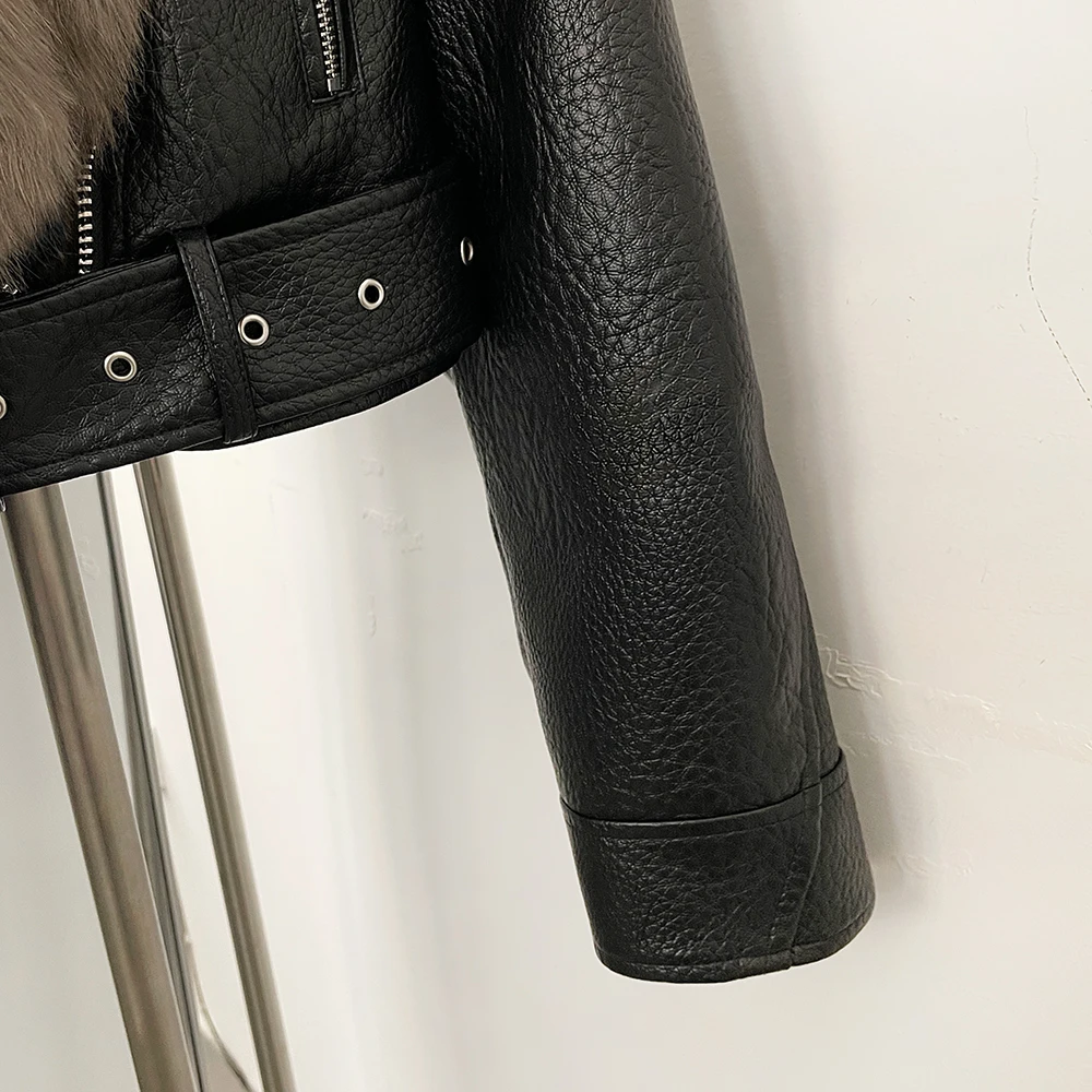 DEBAIOR Women Cropped Faux Leather Jacket with Faux Fur Collar Luxury Winter Warm Biker Coat Female New Belted Short Outerwear