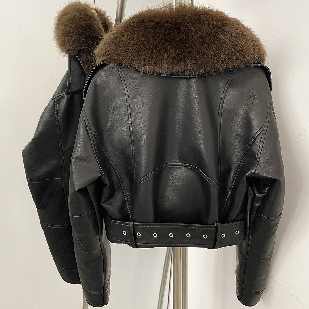 DEBAIOR Women Cropped Faux Leather Jacket with Faux Fur Collar Luxury Winter Warm Biker Coat Female New Belted Short Outerwear