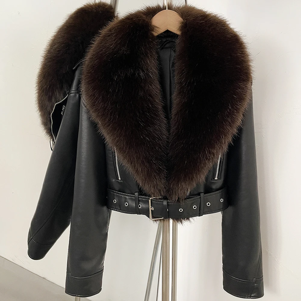 DEBAIOR Women Cropped Faux Leather Jacket with Faux Fur Collar Luxury Winter Warm Biker Coat Female New Belted Short Outerwear