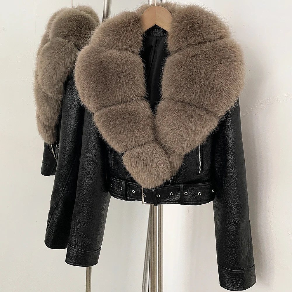 DEBAIOR Women Cropped Faux Leather Jacket with Faux Fur Collar Luxury Winter Warm Biker Coat Female New Belted Short Outerwear