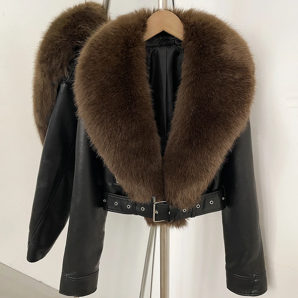 DEBAIOR Women Cropped Faux Leather Jacket with Faux Fur Collar Luxury Winter Warm Biker Coat Female New Belted Short Outerwear