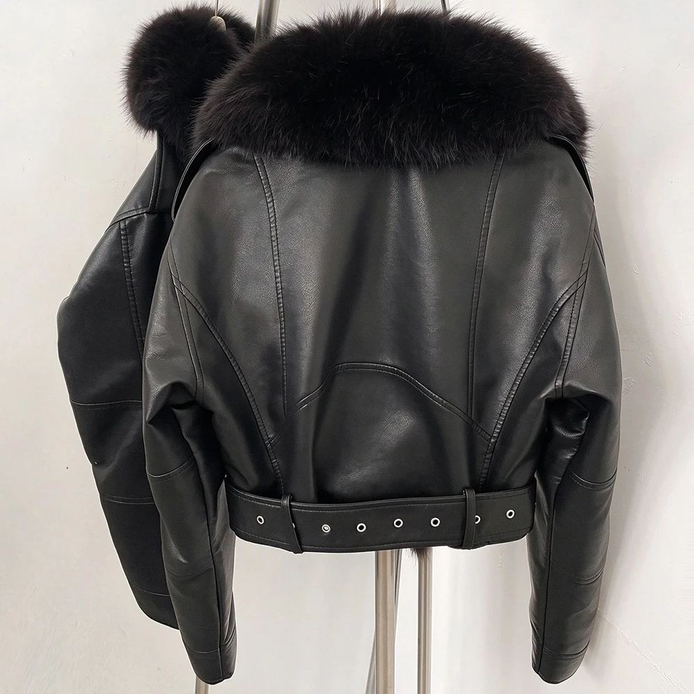 DEBAIOR Women Cropped Faux Leather Jacket with Faux Fur Collar Luxury Winter Warm Biker Coat Female New Belted Short Outerwear