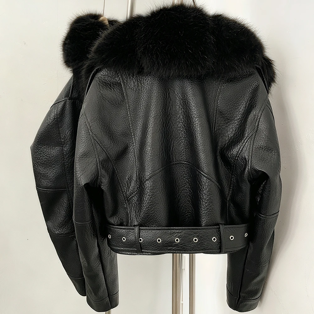 DEBAIOR Women Cropped Faux Leather Jacket with Faux Fur Collar Luxury Winter Warm Biker Coat Female New Belted Short Outerwear