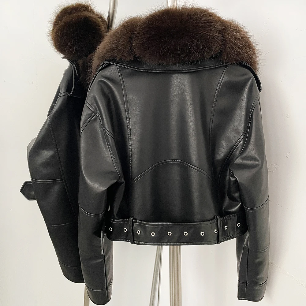 DEBAIOR Women Cropped Faux Leather Jacket with Faux Fur Collar Luxury Winter Warm Biker Coat Female New Belted Short Outerwear