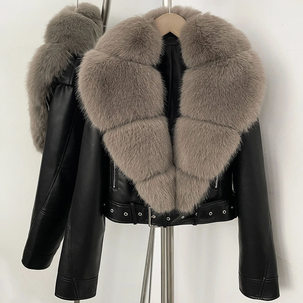 DEBAIOR Women Cropped Faux Leather Jacket with Faux Fur Collar Luxury Winter Warm Biker Coat Female New Belted Short Outerwear