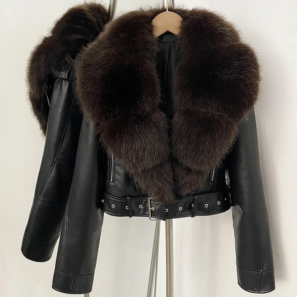 DEBAIOR Women Cropped Faux Leather Jacket with Faux Fur Collar Luxury Winter Warm Biker Coat Female New Belted Short Outerwear