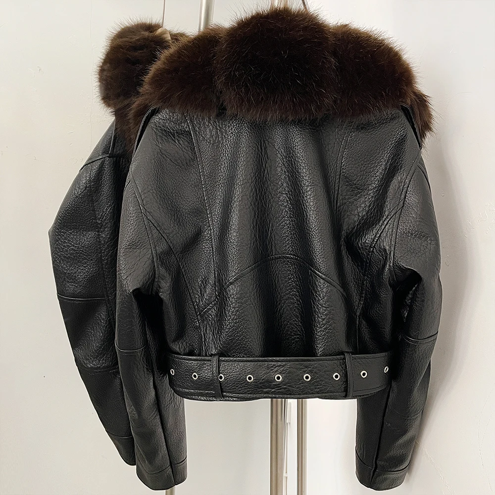 DEBAIOR Women Cropped Faux Leather Jacket with Faux Fur Collar Luxury Winter Warm Biker Coat Female New Belted Short Outerwear