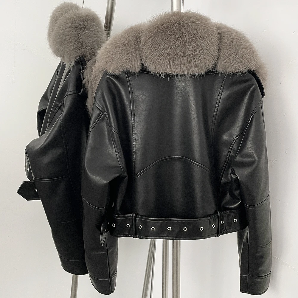 DEBAIOR Women Cropped Faux Leather Jacket with Faux Fur Collar Luxury Winter Warm Biker Coat Female New Belted Short Outerwear