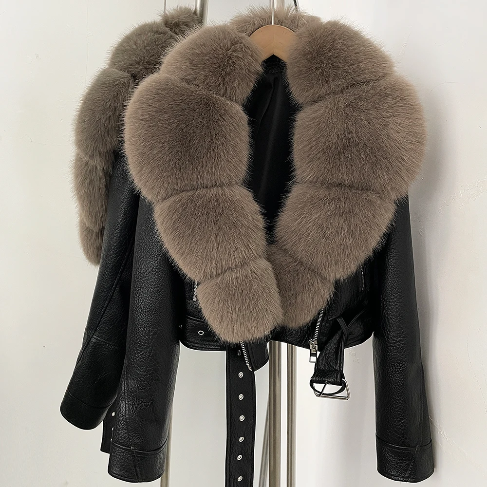DEBAIOR Women Cropped Faux Leather Jacket with Faux Fur Collar Luxury Winter Warm Biker Coat Female New Belted Short Outerwear