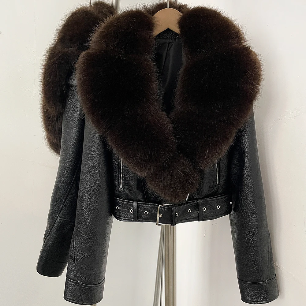 DEBAIOR Women Cropped Faux Leather Jacket with Faux Fur Collar Luxury Winter Warm Biker Coat Female New Belted Short Outerwear