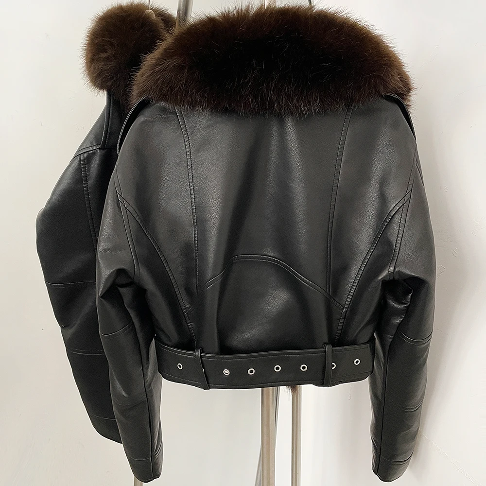 DEBAIOR Women Cropped Faux Leather Jacket with Faux Fur Collar Luxury Winter Warm Biker Coat Female New Belted Short Outerwear