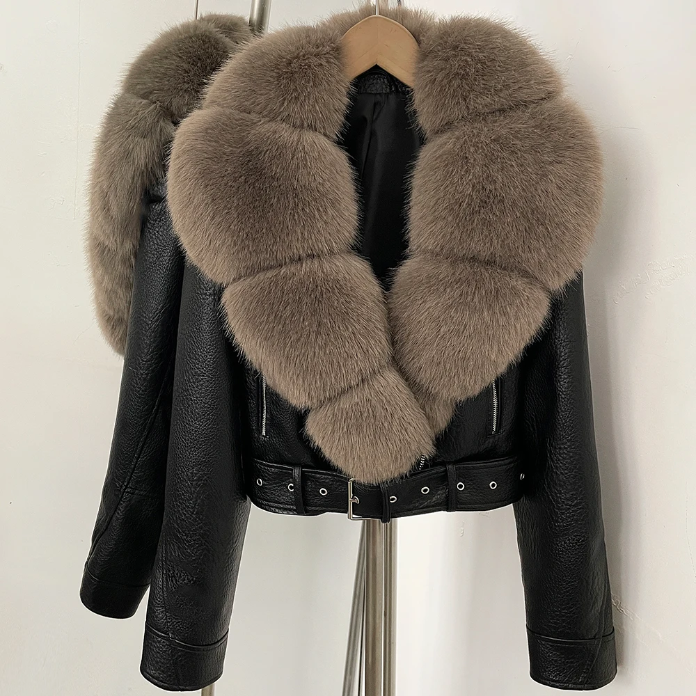 DEBAIOR Women Cropped Faux Leather Jacket with Faux Fur Collar Luxury Winter Warm Biker Coat Female New Belted Short Outerwear
