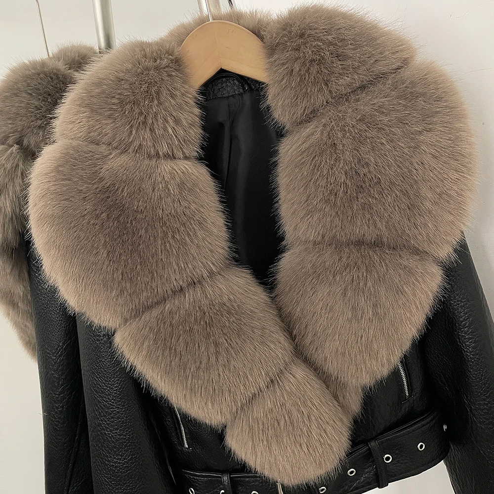 DEBAIOR Women Cropped Faux Leather Jacket with Faux Fur Collar Luxury Winter Warm Biker Coat Female New Belted Short Outerwear