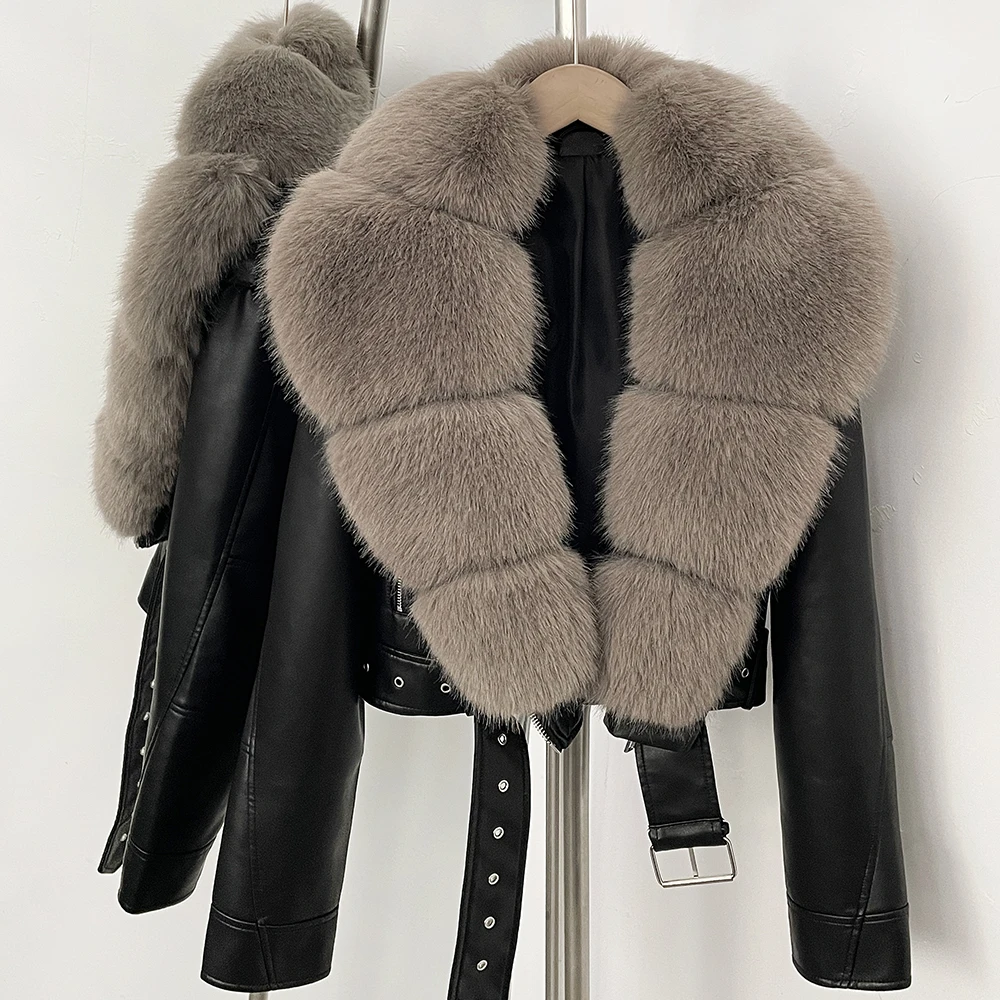 DEBAIOR Women Cropped Faux Leather Jacket with Faux Fur Collar Luxury Winter Warm Biker Coat Female New Belted Short Outerwear