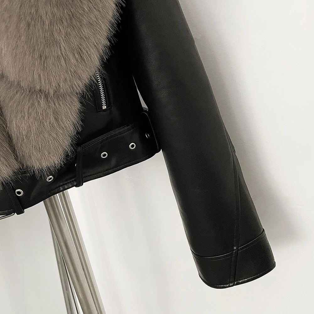 DEBAIOR Women Cropped Faux Leather Jacket with Faux Fur Collar Luxury Winter Warm Biker Coat Female New Belted Short Outerwear