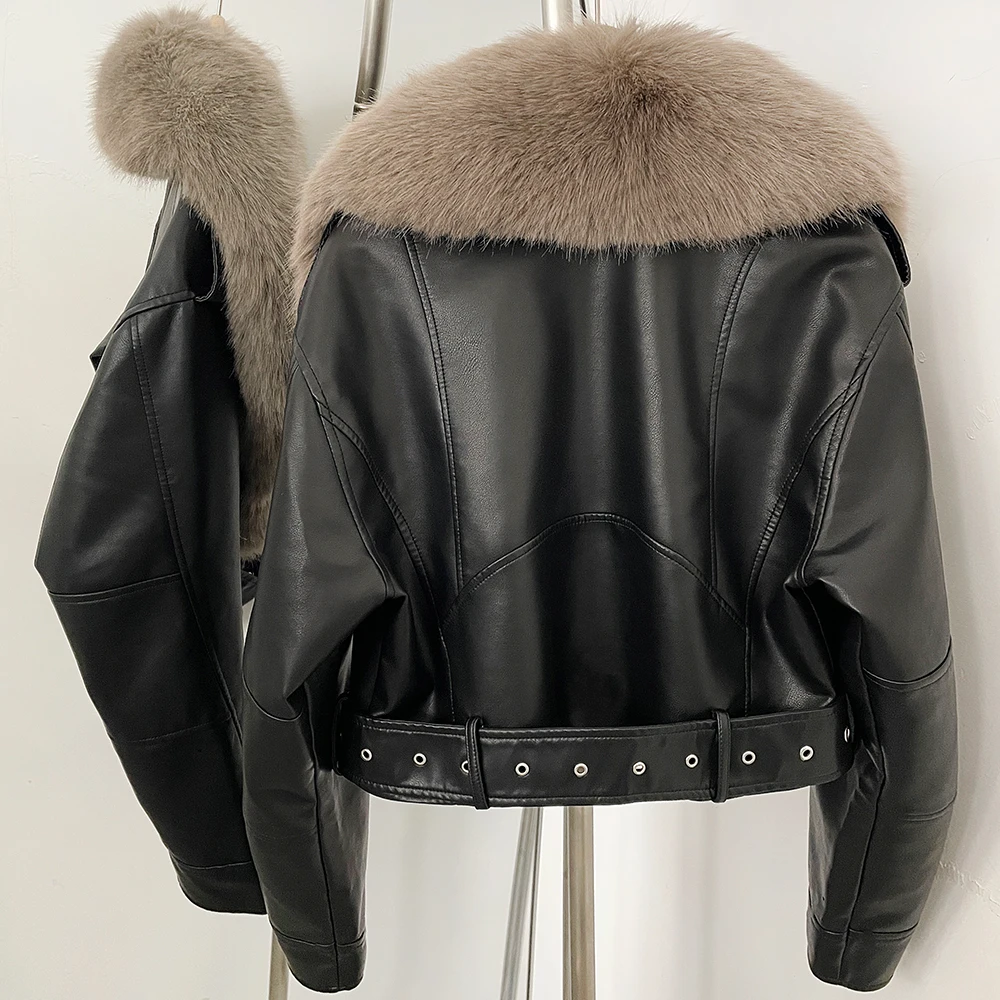 DEBAIOR Women Cropped Faux Leather Jacket with Faux Fur Collar Luxury Winter Warm Biker Coat Female New Belted Short Outerwear