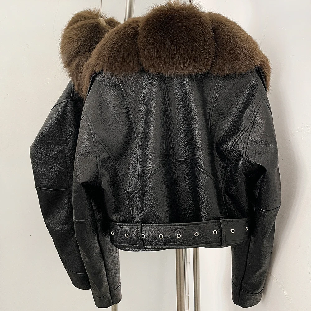 DEBAIOR Women Cropped Faux Leather Jacket with Faux Fur Collar Luxury Winter Warm Biker Coat Female New Belted Short Outerwear