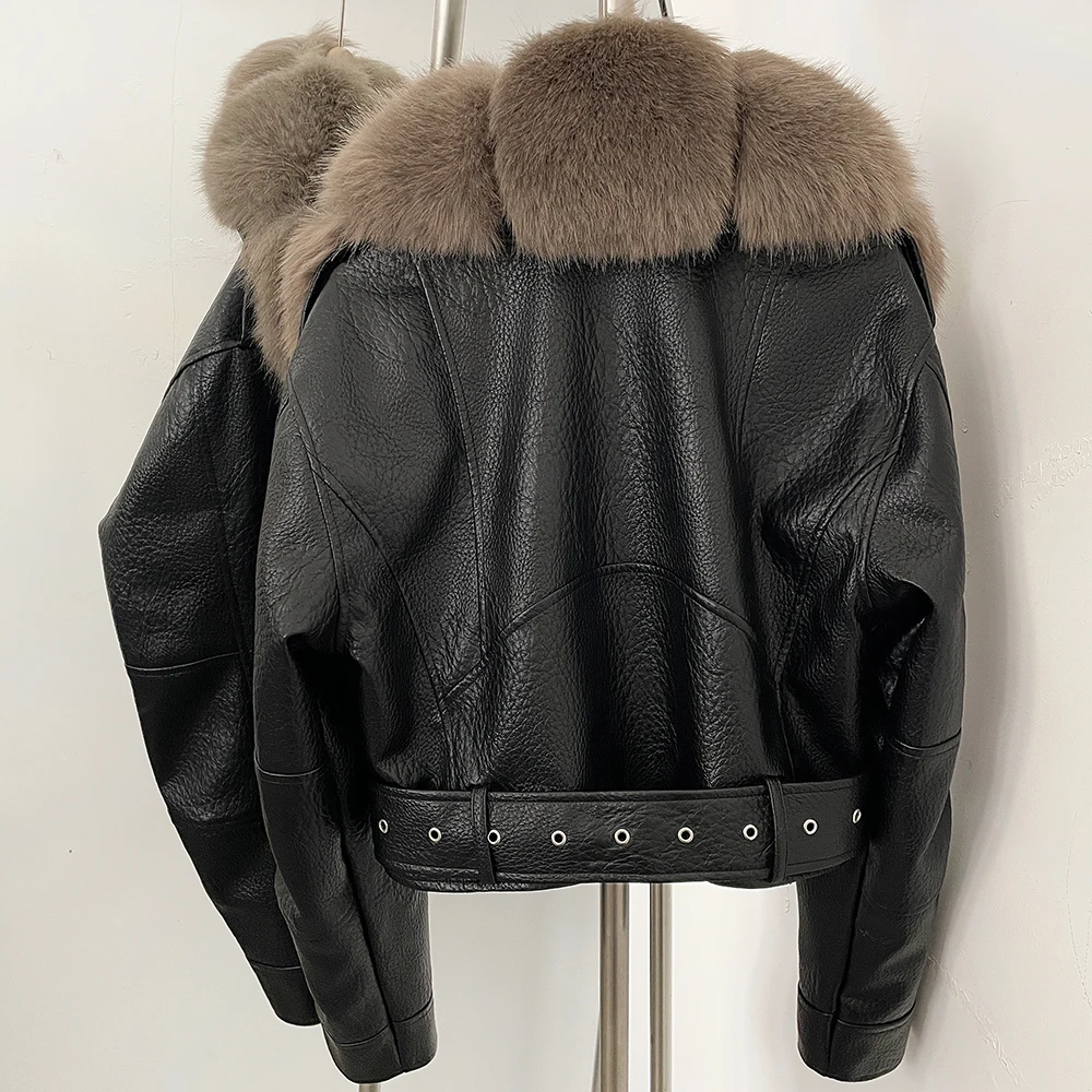 DEBAIOR Women Cropped Faux Leather Jacket with Faux Fur Collar Luxury Winter Warm Biker Coat Female New Belted Short Outerwear