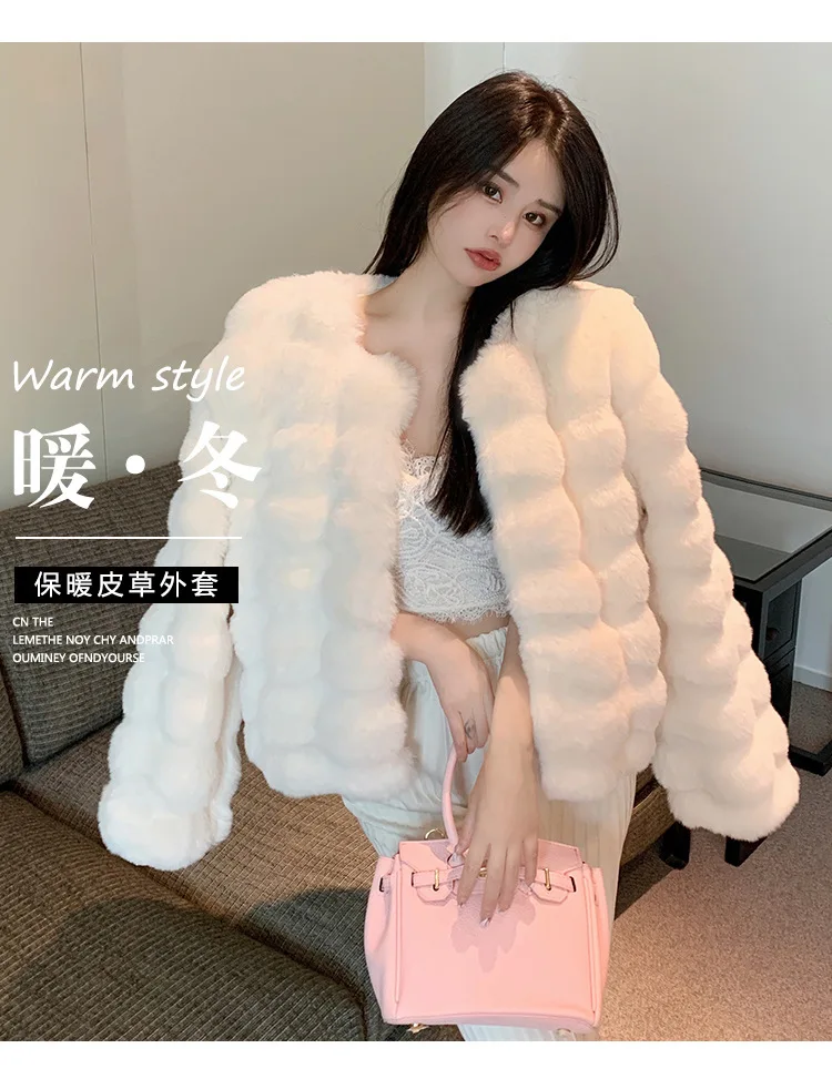 Fashion Round Neck Faux Mink Fur Coat Women Autumn Winter Warm Fluffy Cropped Outerwear Woman Elegant Party Wear Plush Jacket