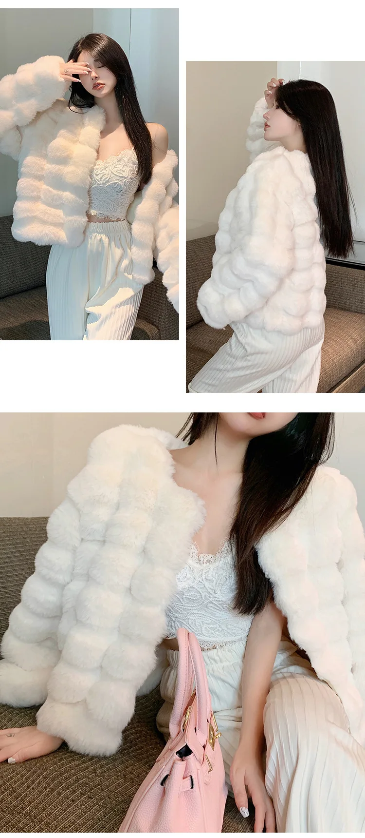 Fashion Round Neck Faux Mink Fur Coat Women Autumn Winter Warm Fluffy Cropped Outerwear Woman Elegant Party Wear Plush Jacket