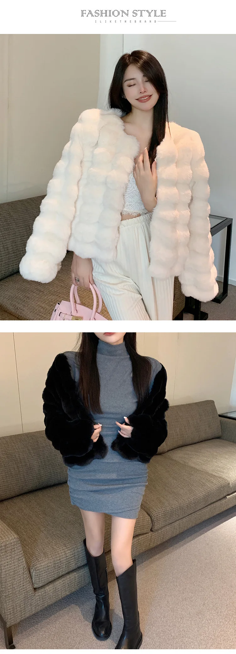 Fashion Round Neck Faux Mink Fur Coat Women Autumn Winter Warm Fluffy Cropped Outerwear Woman Elegant Party Wear Plush Jacket