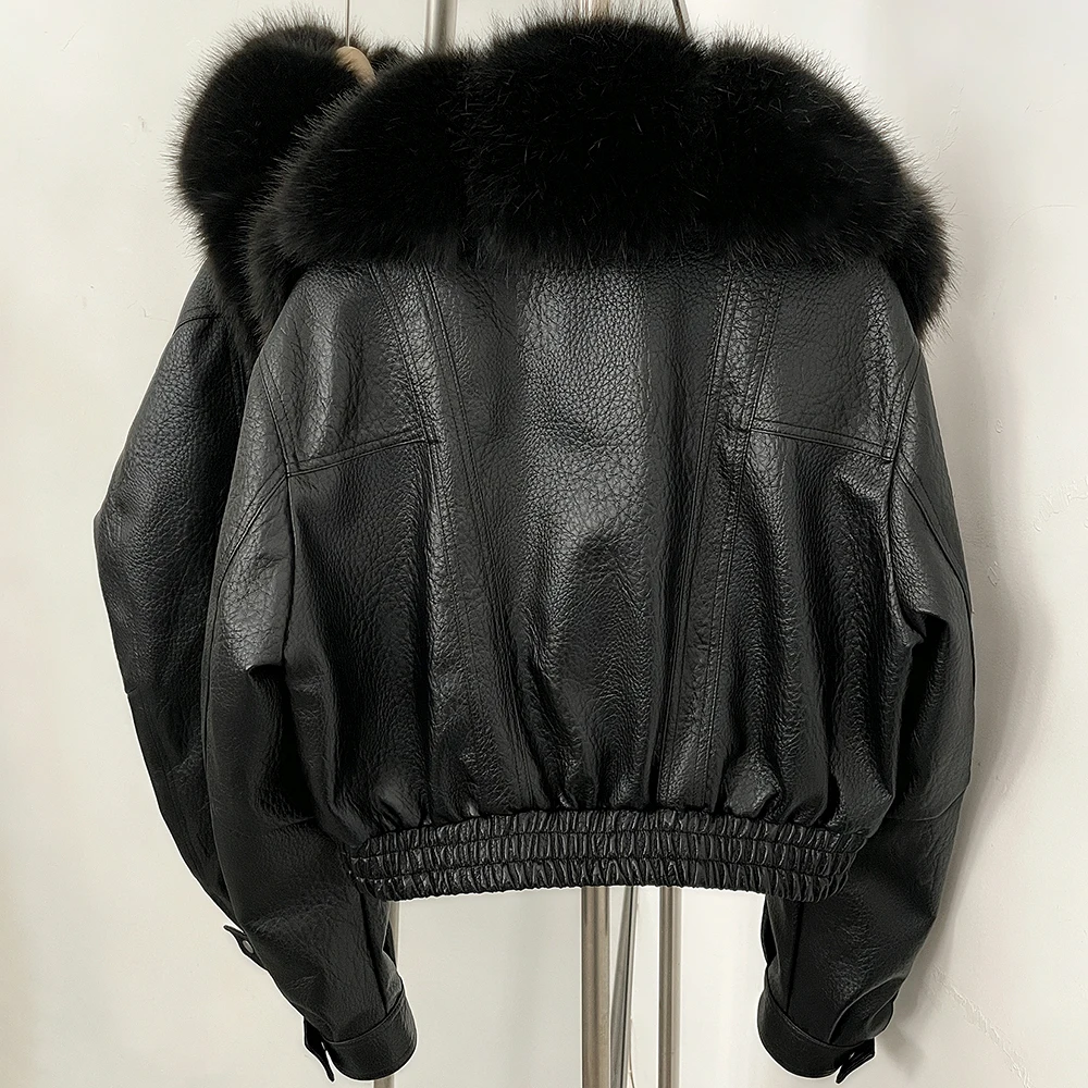 DEBAIOR Women Faux Leather Short Jacket with Faux Fur Collar Luxury Winter Warm Cropped Coat New Long Sleeve Casual Outerwear