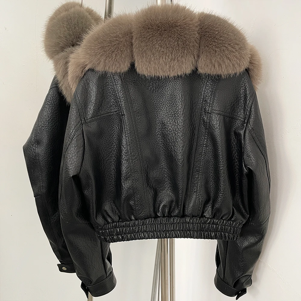 DEBAIOR Women Faux Leather Short Jacket with Faux Fur Collar Luxury Winter Warm Cropped Coat New Long Sleeve Casual Outerwear