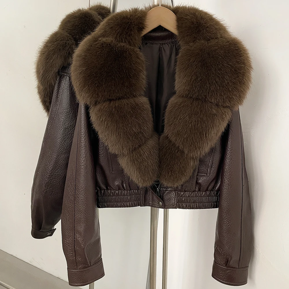 DEBAIOR Women Faux Leather Short Jacket with Faux Fur Collar Luxury Winter Warm Cropped Coat New Long Sleeve Casual Outerwear