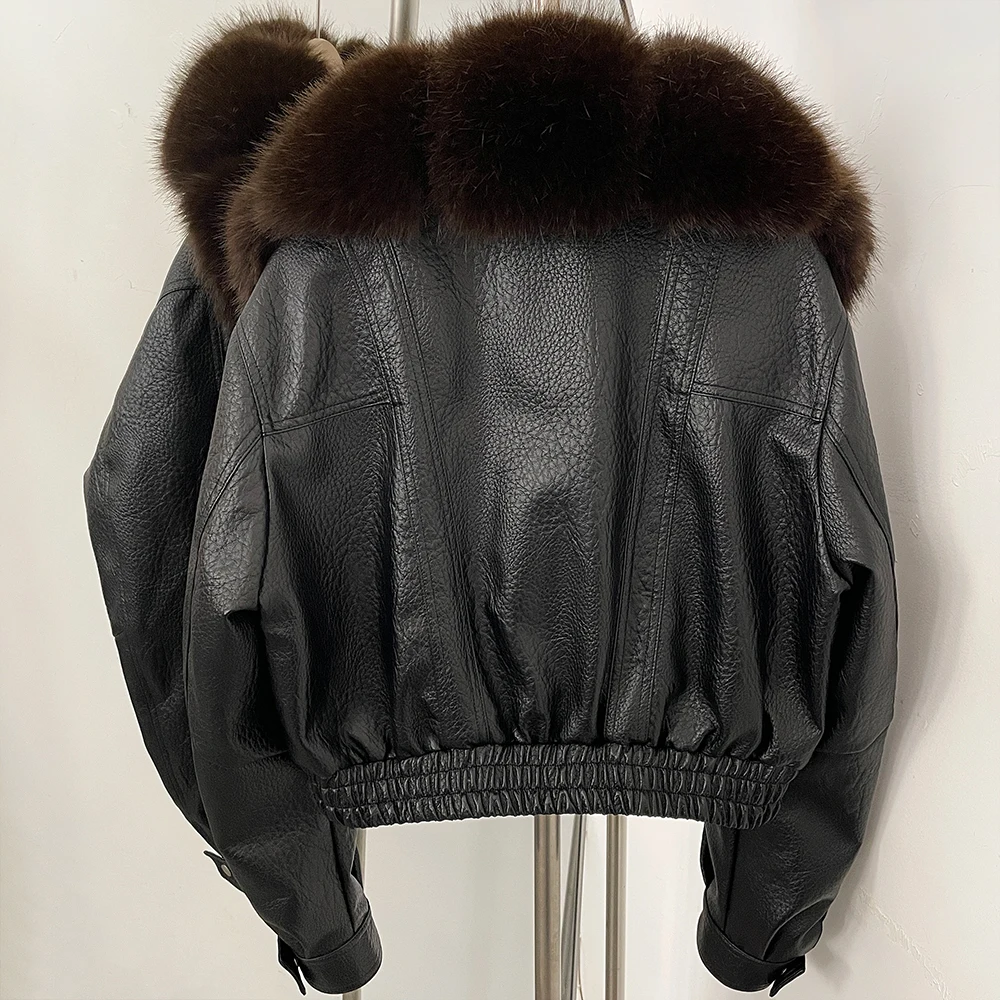 DEBAIOR Women Faux Leather Short Jacket with Faux Fur Collar Luxury Winter Warm Cropped Coat New Long Sleeve Casual Outerwear
