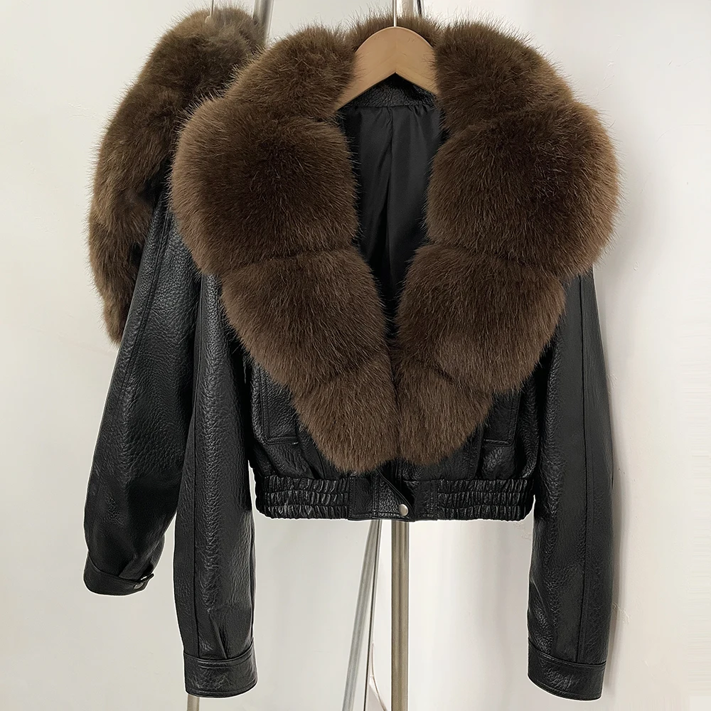 DEBAIOR Women Faux Leather Short Jacket with Faux Fur Collar Luxury Winter Warm Cropped Coat New Long Sleeve Casual Outerwear