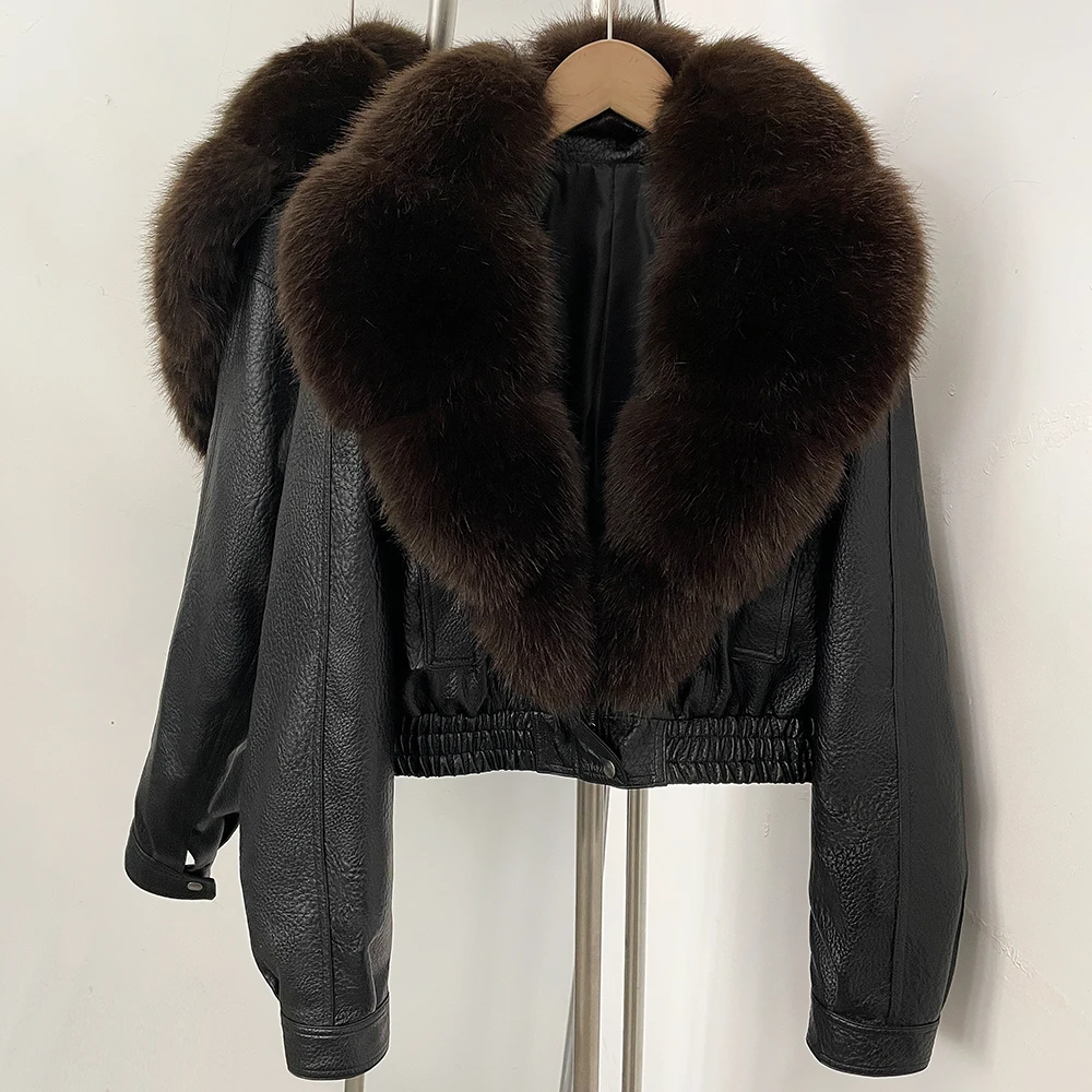 DEBAIOR Women Faux Leather Short Jacket with Faux Fur Collar Luxury Winter Warm Cropped Coat New Long Sleeve Casual Outerwear