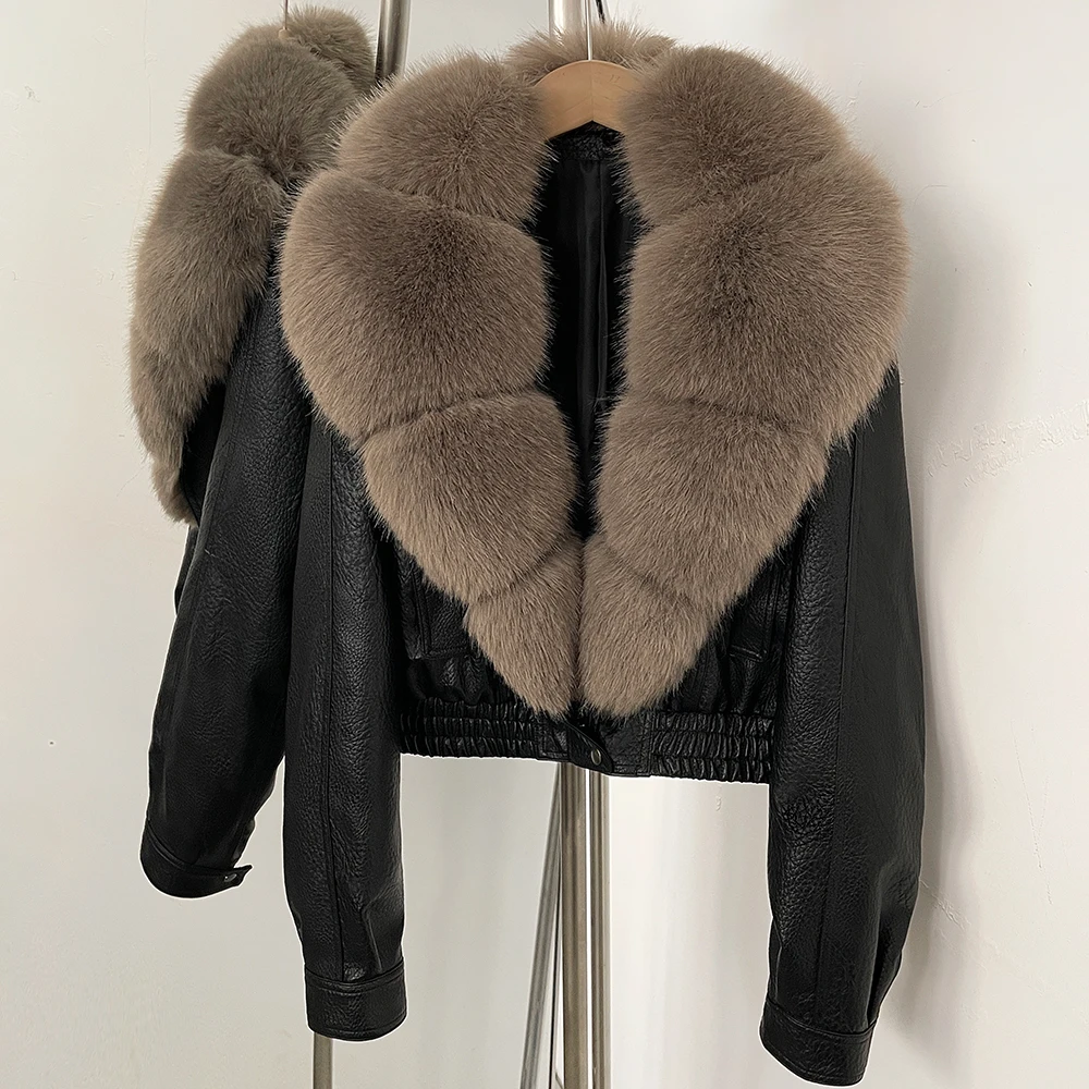 DEBAIOR Women Faux Leather Short Jacket with Faux Fur Collar Luxury Winter Warm Cropped Coat New Long Sleeve Casual Outerwear
