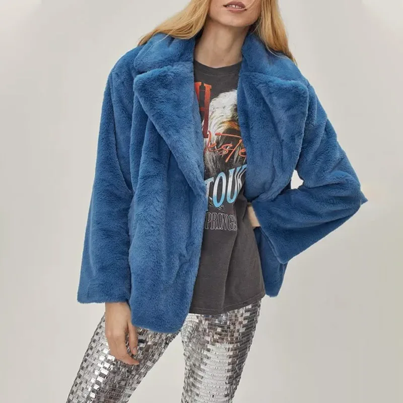 Faux Fur Short Coat for Women Caramel Color Lapel Single Breasted Fluffy Plush Warm Winter Outerwear Ladies Casual Fuzzy Jacket