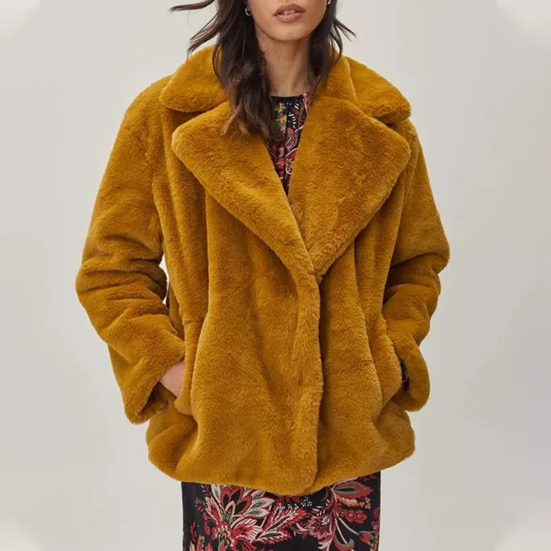 Faux Fur Short Coat for Women Caramel Color Lapel Single Breasted Fluffy Plush Warm Winter Outerwear Ladies Casual Fuzzy Jacket