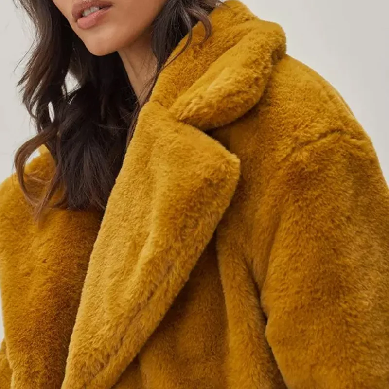 Faux Fur Short Coat for Women Caramel Color Lapel Single Breasted Fluffy Plush Warm Winter Outerwear Ladies Casual Fuzzy Jacket