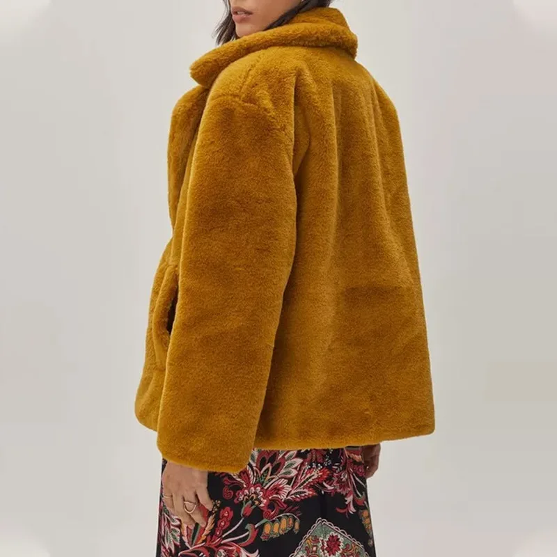 Faux Fur Short Coat for Women Caramel Color Lapel Single Breasted Fluffy Plush Warm Winter Outerwear Ladies Casual Fuzzy Jacket