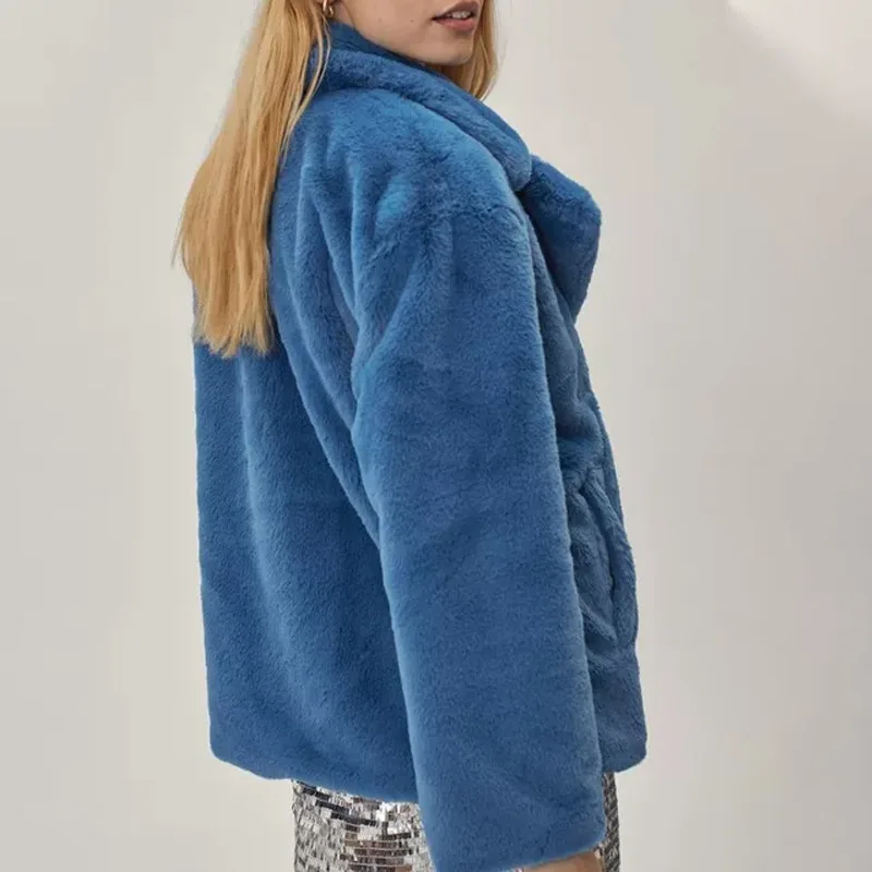 Faux Fur Short Coat for Women Caramel Color Lapel Single Breasted Fluffy Plush Warm Winter Outerwear Ladies Casual Fuzzy Jacket