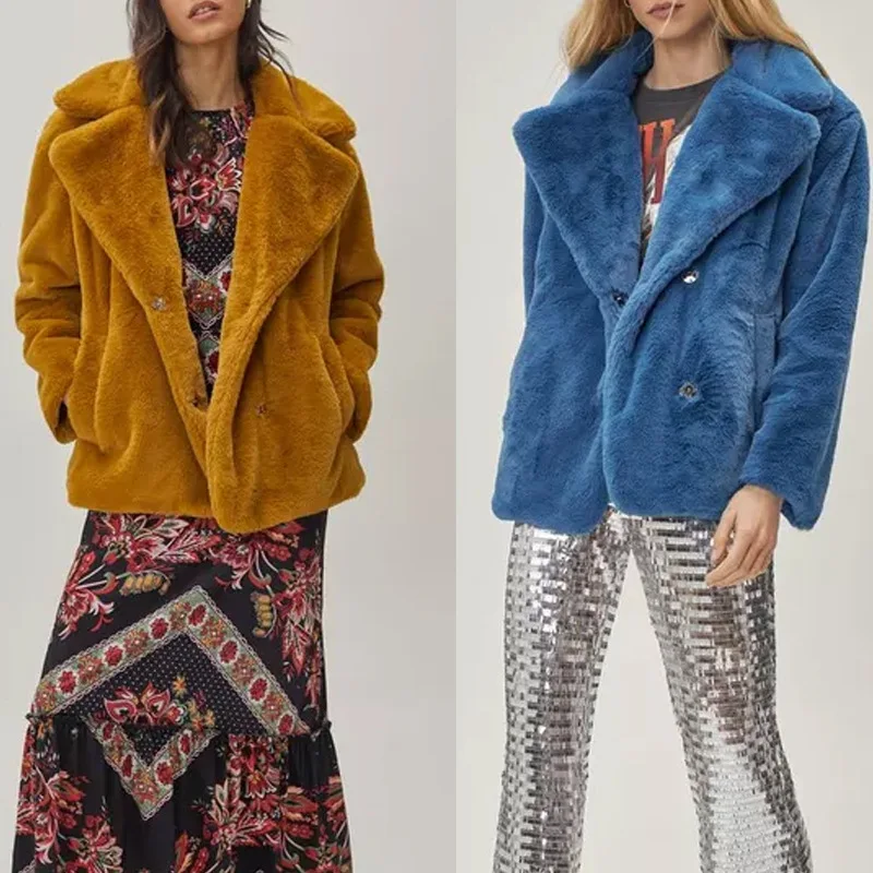 Faux Fur Short Coat for Women Caramel Color Lapel Single Breasted Fluffy Plush Warm Winter Outerwear Ladies Casual Fuzzy Jacket