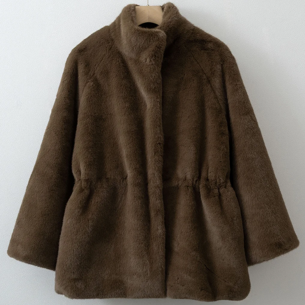 Oversized Women Faux Mink Fur Coat, Stand Collar Mid‑Length Warm Plush Autumn Winter Outerwear With Drawstring Waist